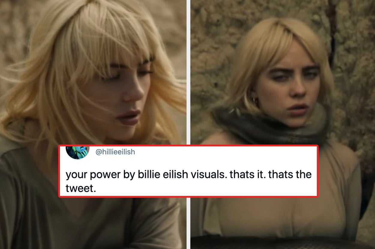 Billie Eilish in the music video for "Your Power" with a tweet that reads: "Your Power by Billie Eilish visuals; that's it; that's the tweet"
