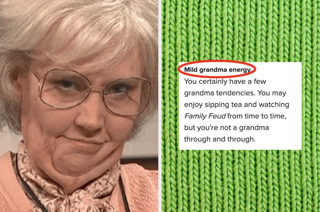 Kate McKinnon as an old woman, next to "Mild grandma energy" result text