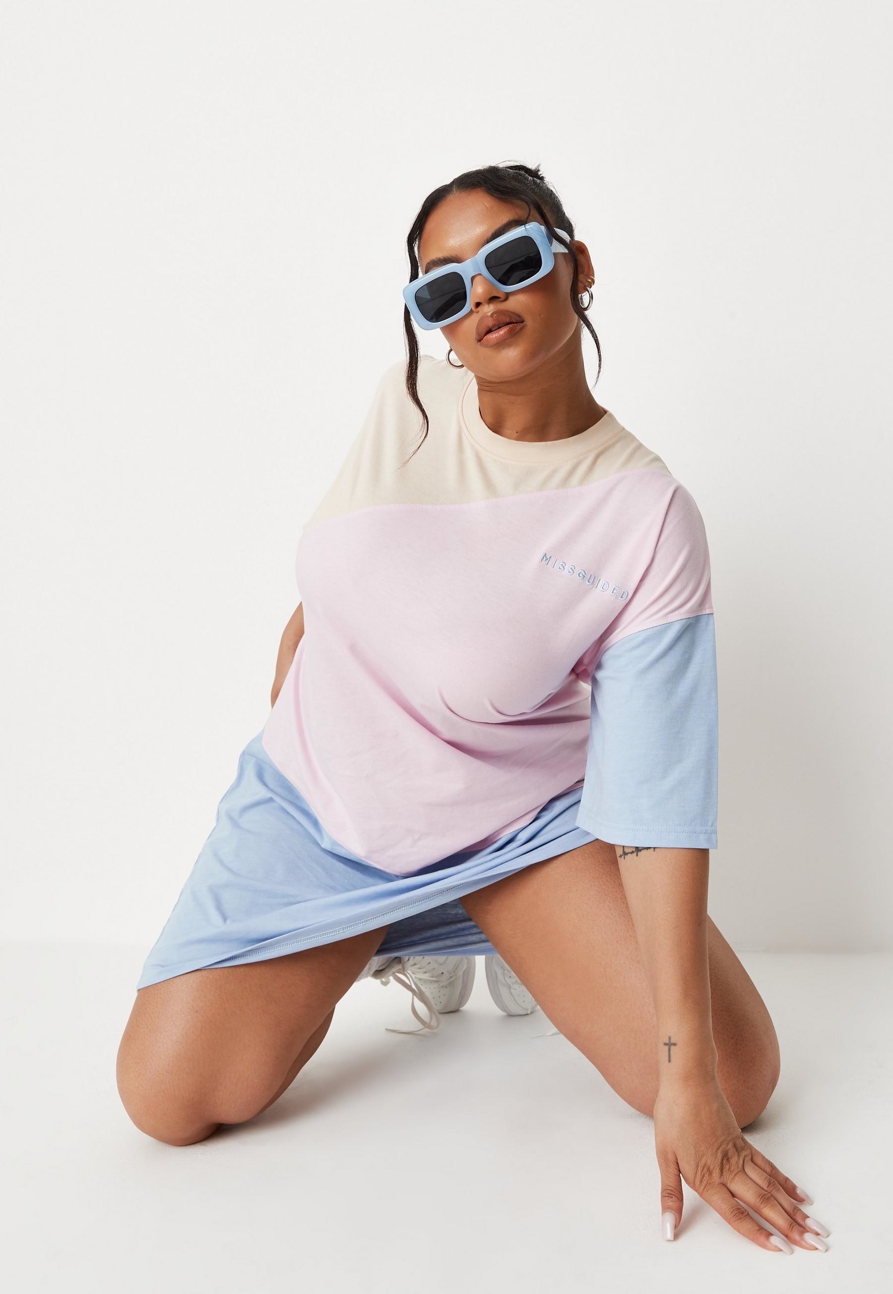oversized shirt in blue, pink, and yellow