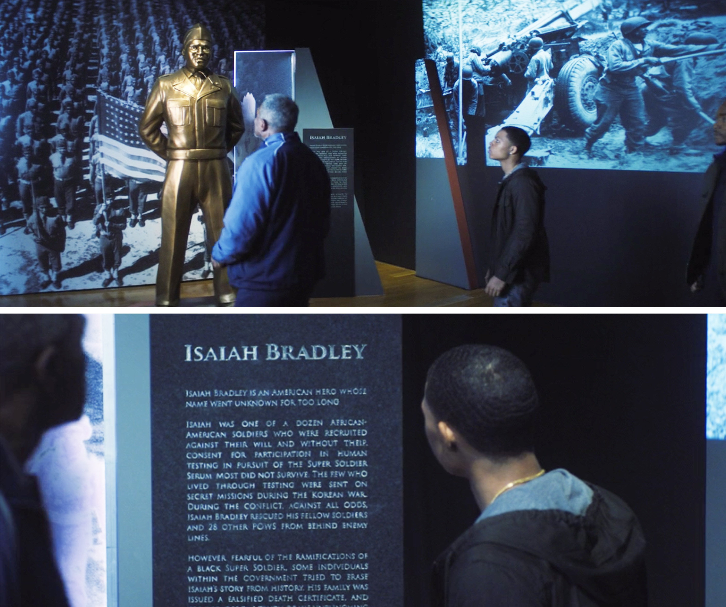 Isaiah and Eli reading the plaque about Isaiah&#x27;s life