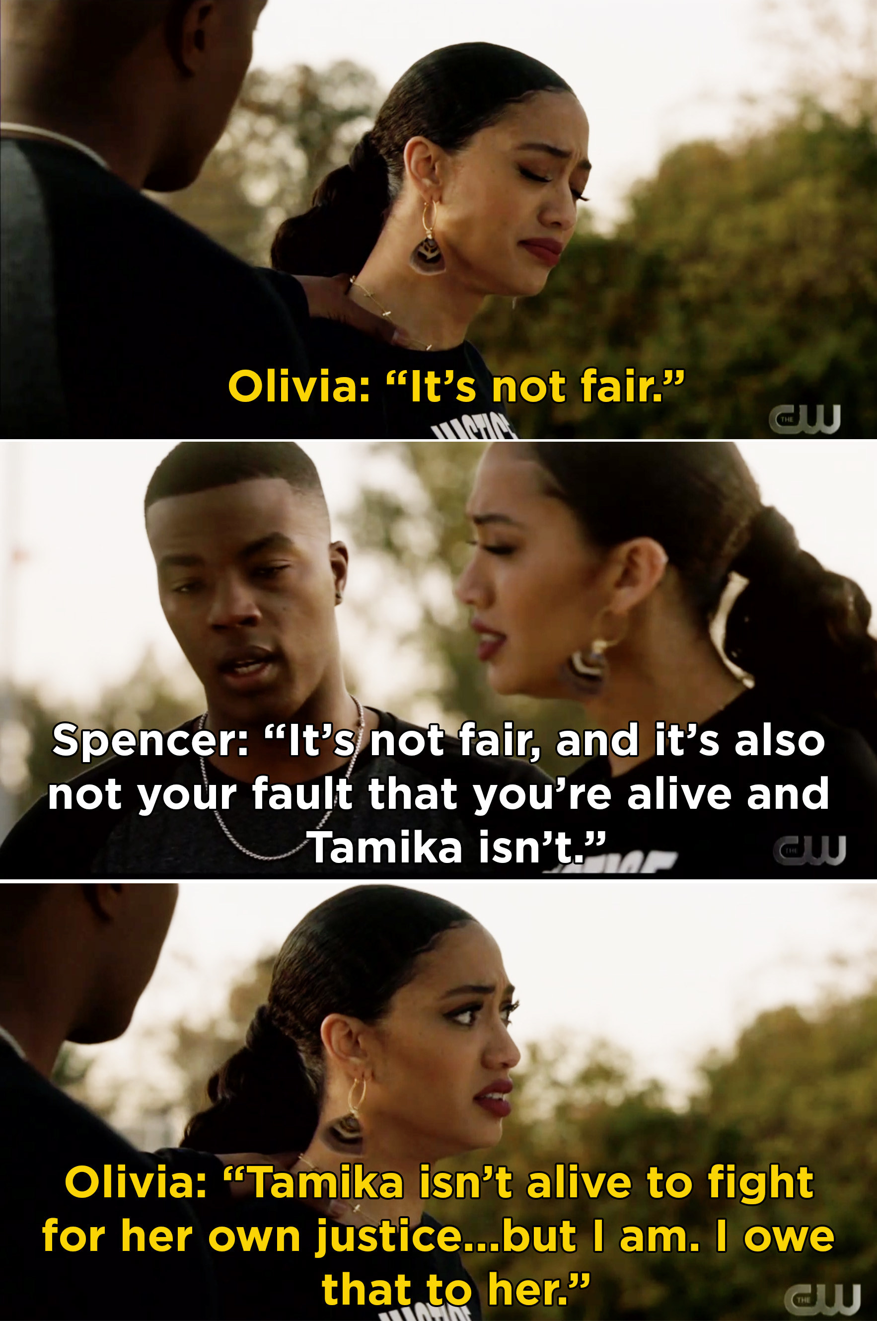 Olivia telling Spencer that she is going to fight for Tamika&#x27;s justice