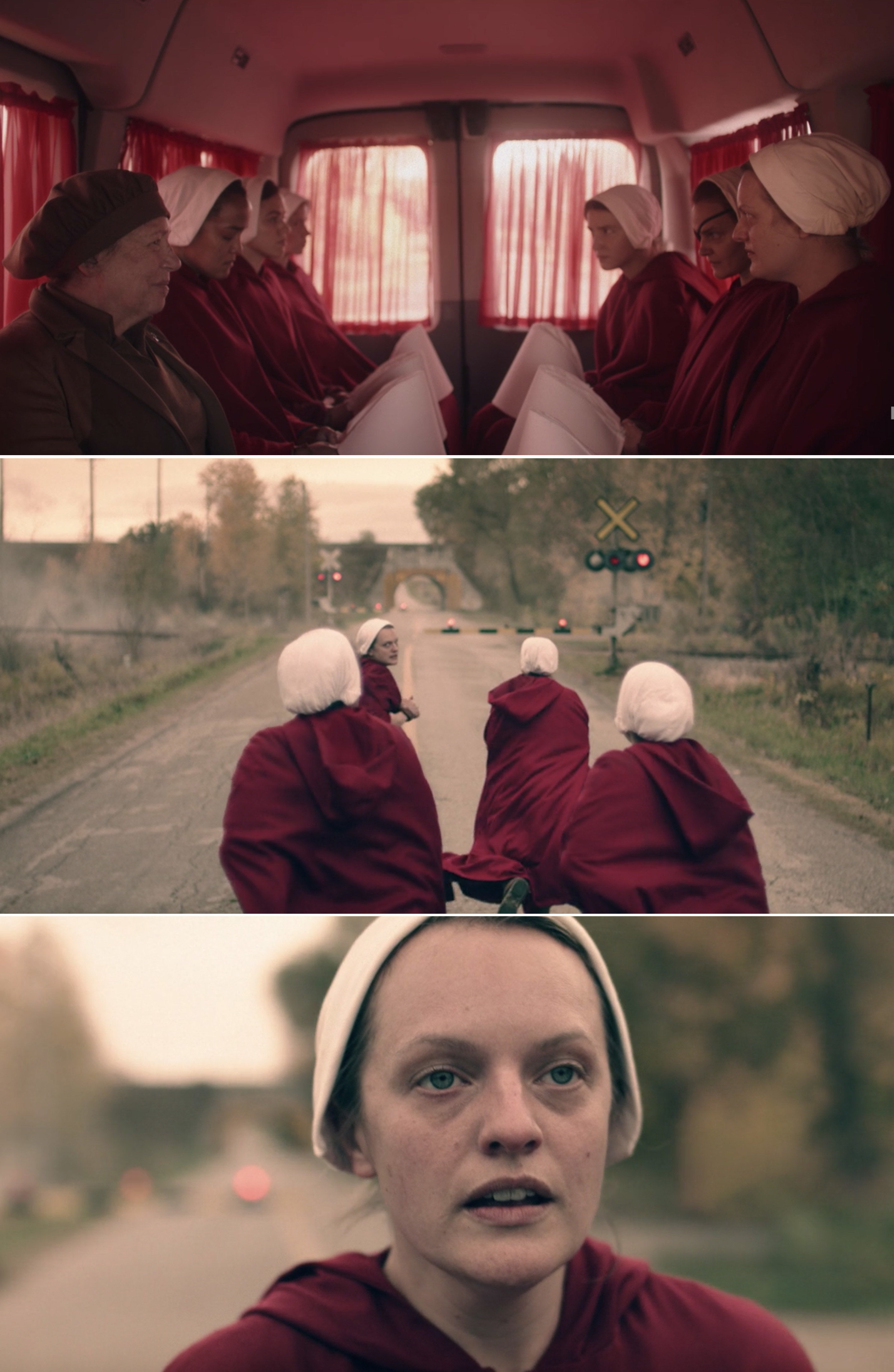 The Handmaids running towards train tracks