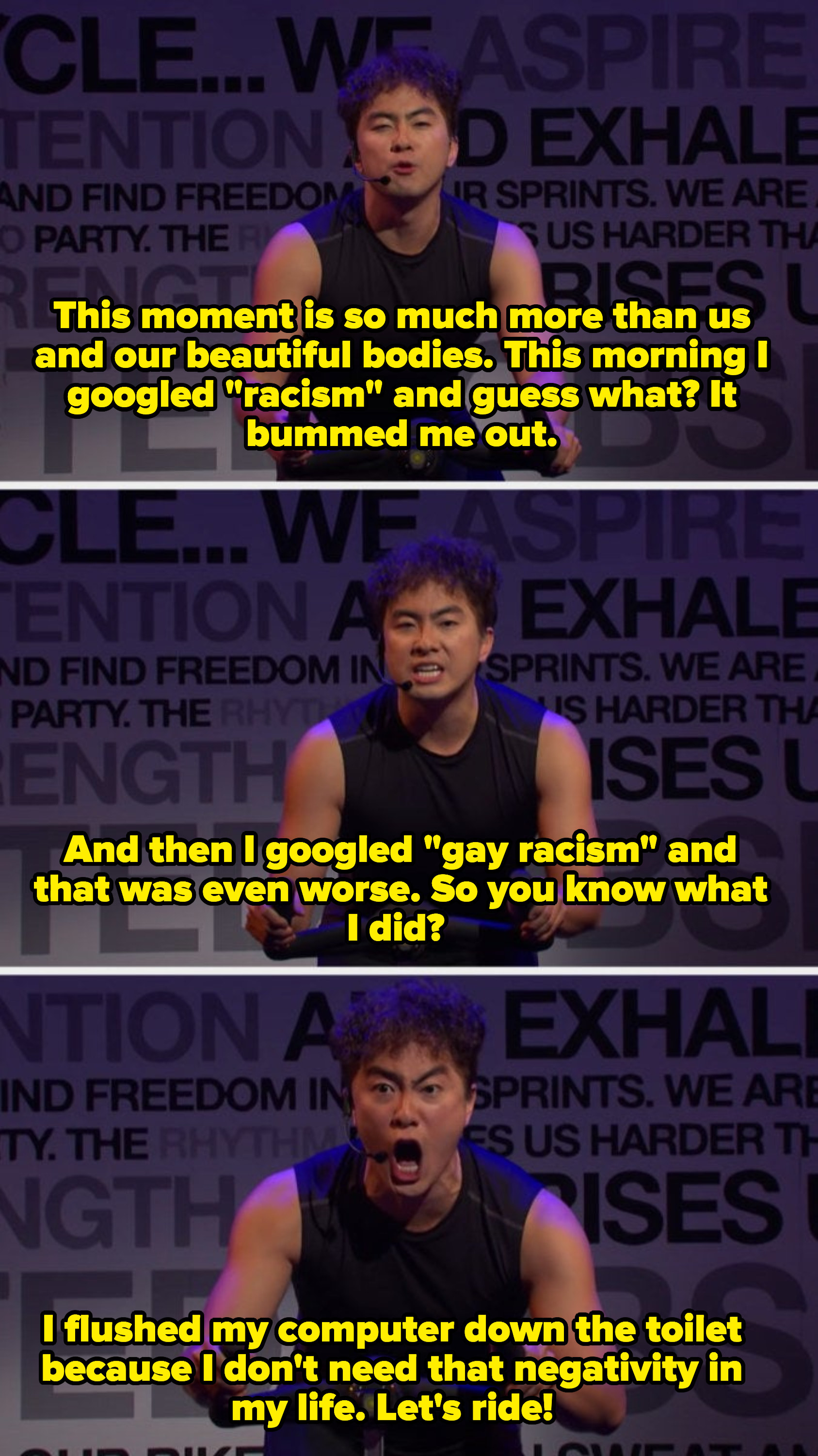 Bowen saying googling racism bummed him out and gay racism was even worse, so he flushed his computer down the toilet because he didn&#x27;t need the negativity
