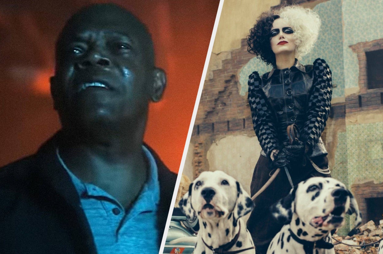 split image of two movies on the right is the movie spiral from the book of saw with samual l jackson in the photo and on the right is the movie titled cruella staring emma stone