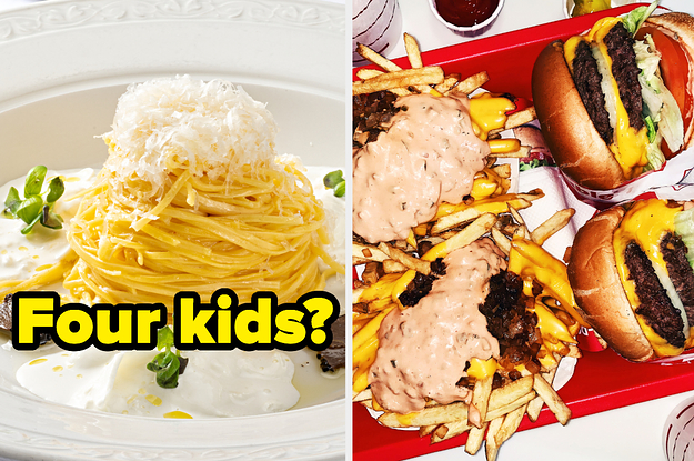 A plate of pasta and burgers and fries
