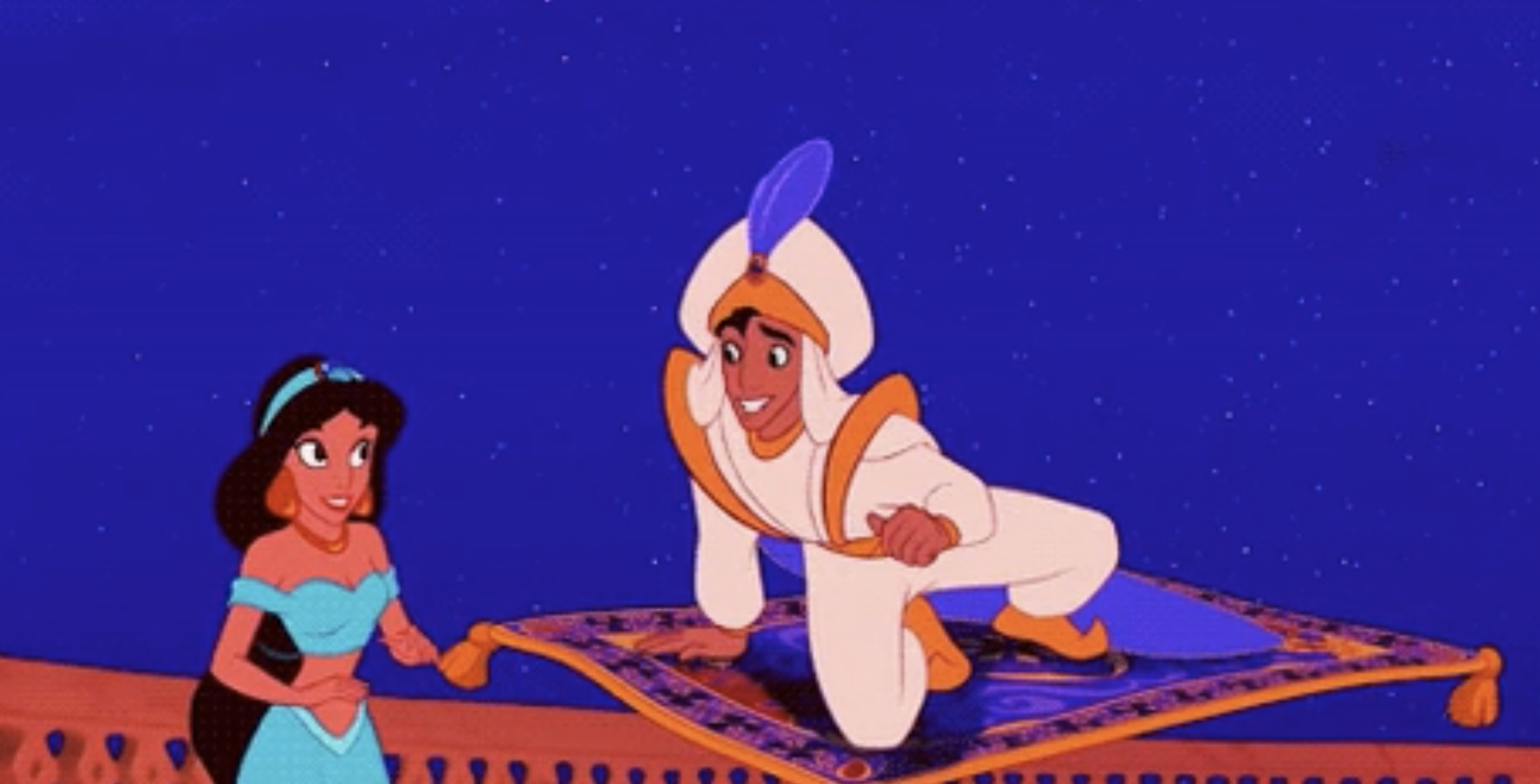 Aladdin, wearing a turban, picks up Princess Jasmine on his magic carpet