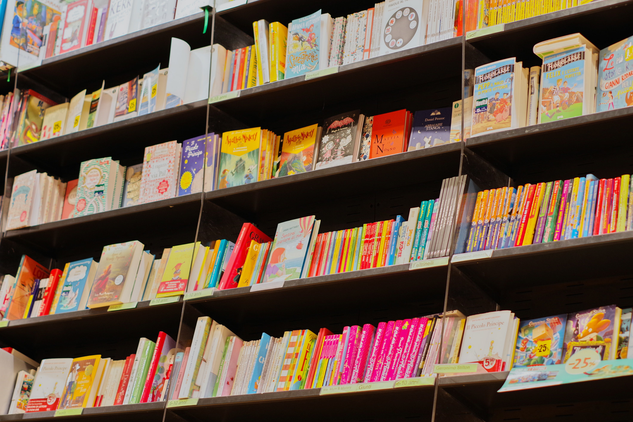 Books on shelves in a bookstore