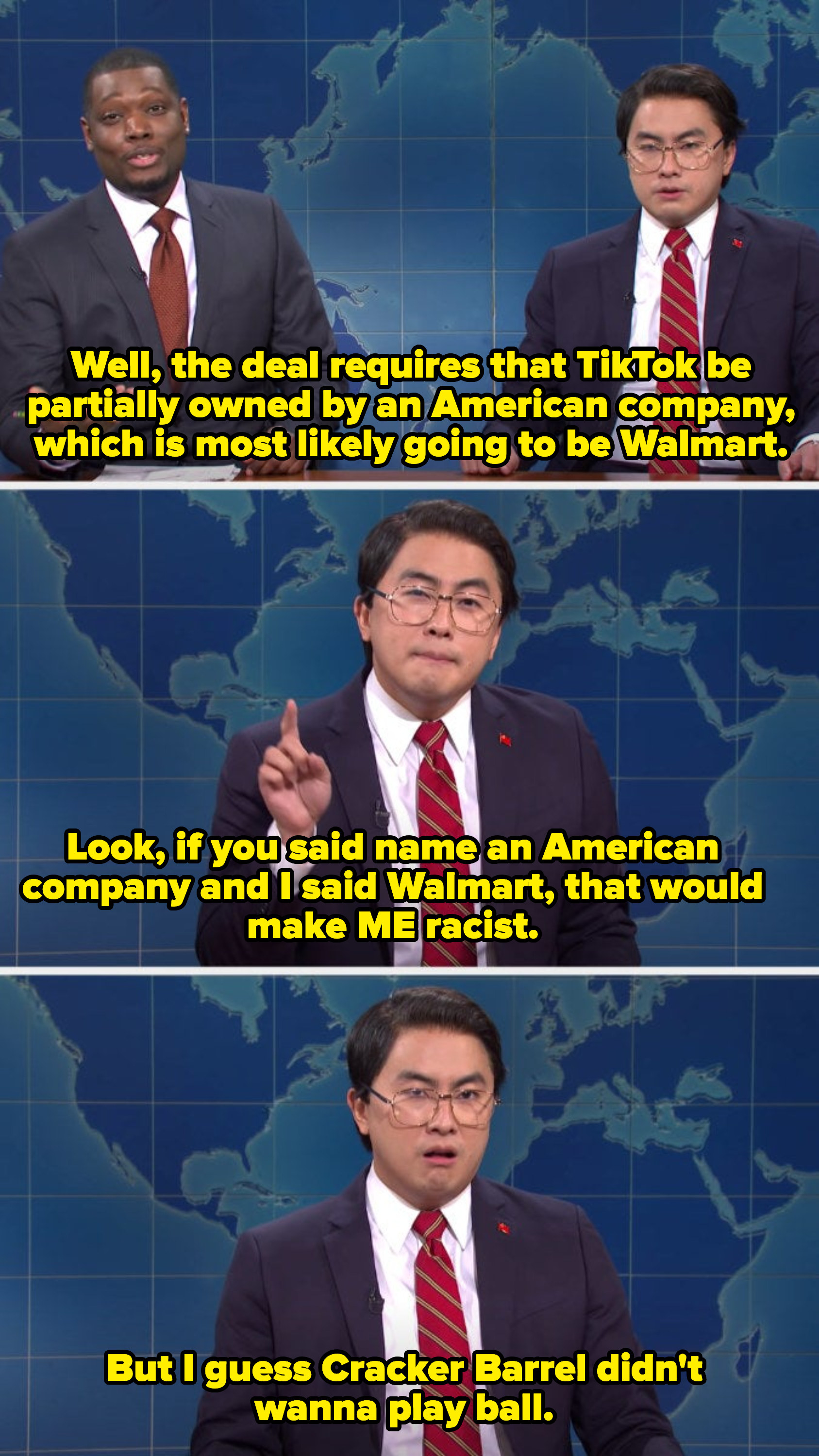 Biao saying it would be racist of him to say &quot;Walmart&quot; when naming an American company that would buy part of TikTok