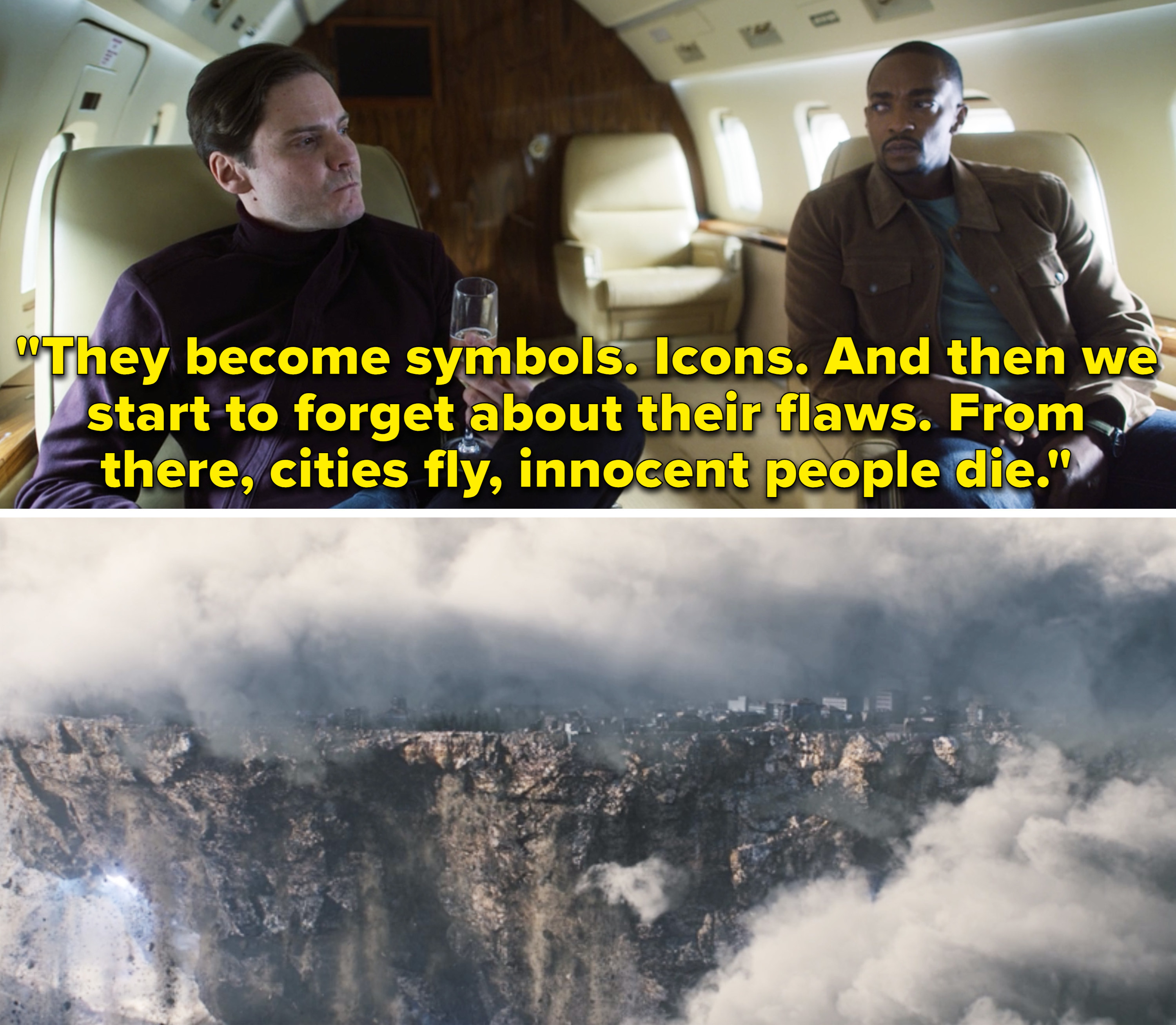 Zemo saying, &quot;They become symbols. Icons. And then we start to forget about their flaws. From there, cities fly, innocent people die&quot;
