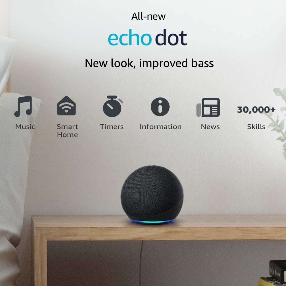 A black Echo Dot on a table 