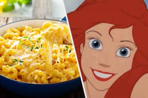 A bowl of mac and cheese and Ariel from "The Little Mermaid"