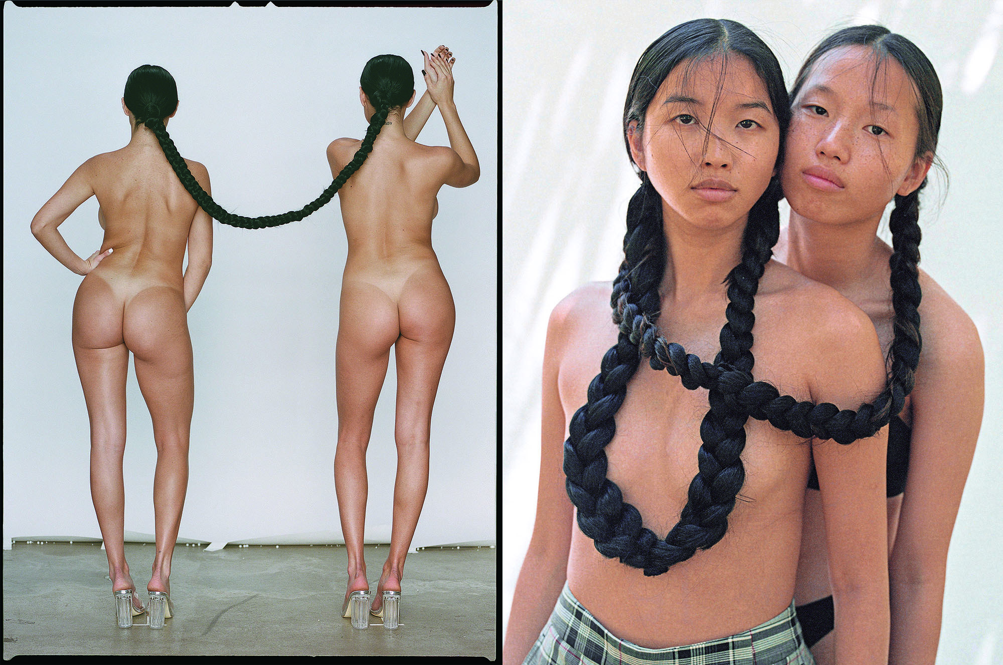 Two women standing naked with their backs to the camera, their braids intertwined