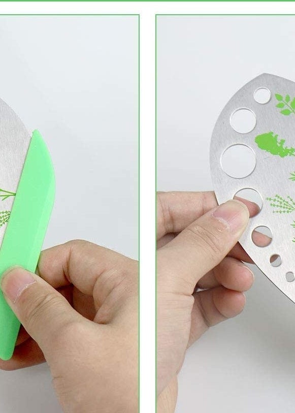 A person holding the herb stripping blade, removing the silicone guard to reveal its sharp bladed edge 