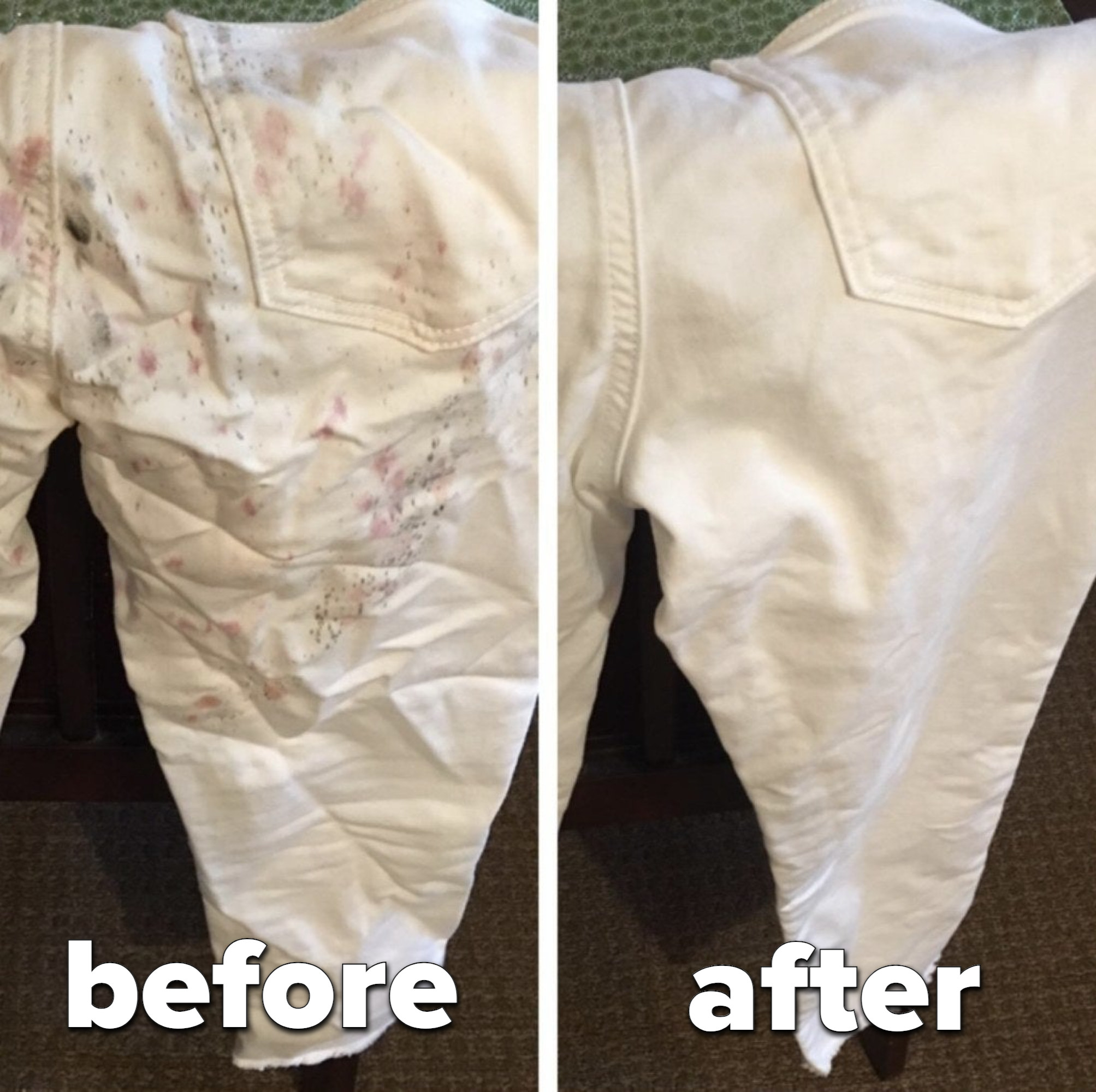 A before and after of white paints with and without stains