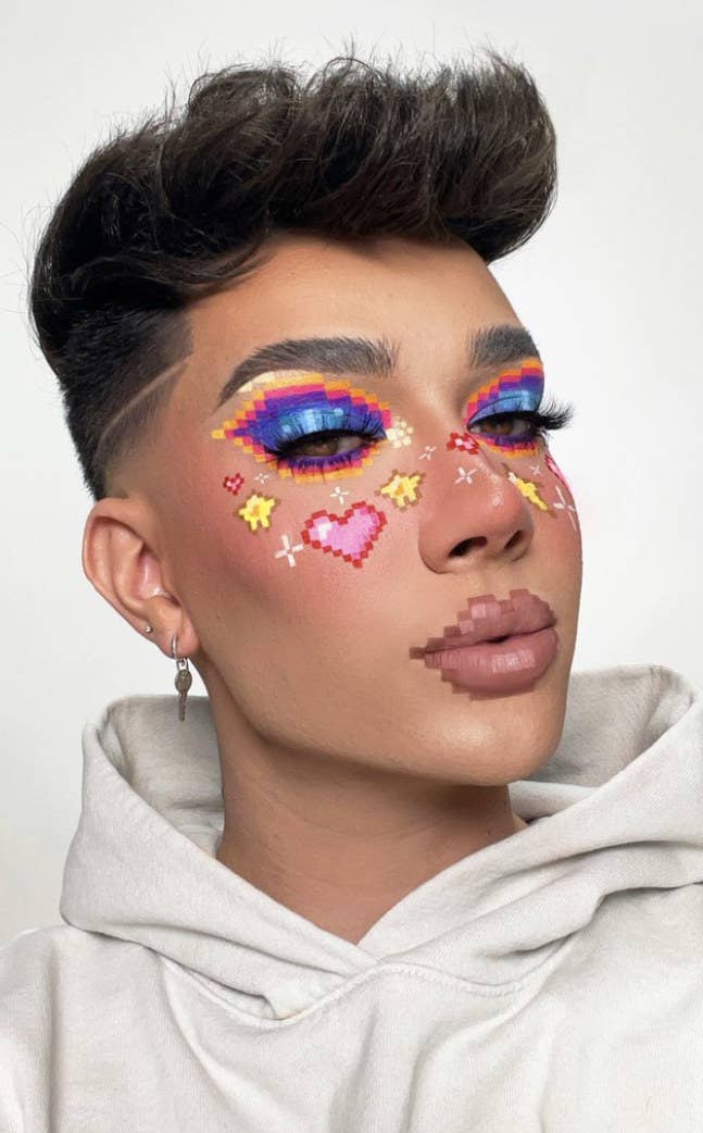James Charles with pixelized makeup on.