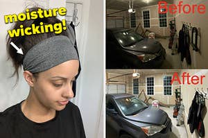 A split thumbnail of a headband and a car garage