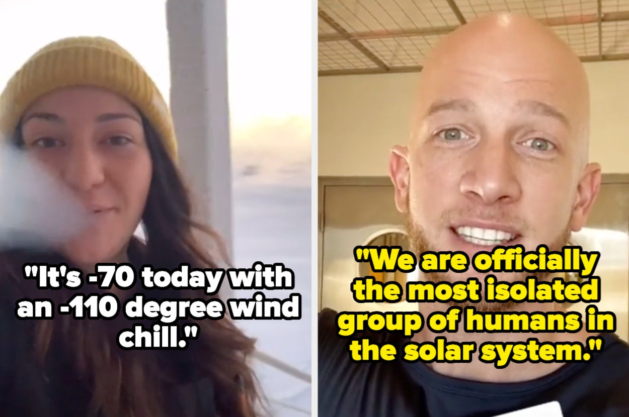 woman outside in cold saying "It's -70 today with an -110 degree wind chill" and man inside saying "We are officially the most isolated group of humans in the solar system"