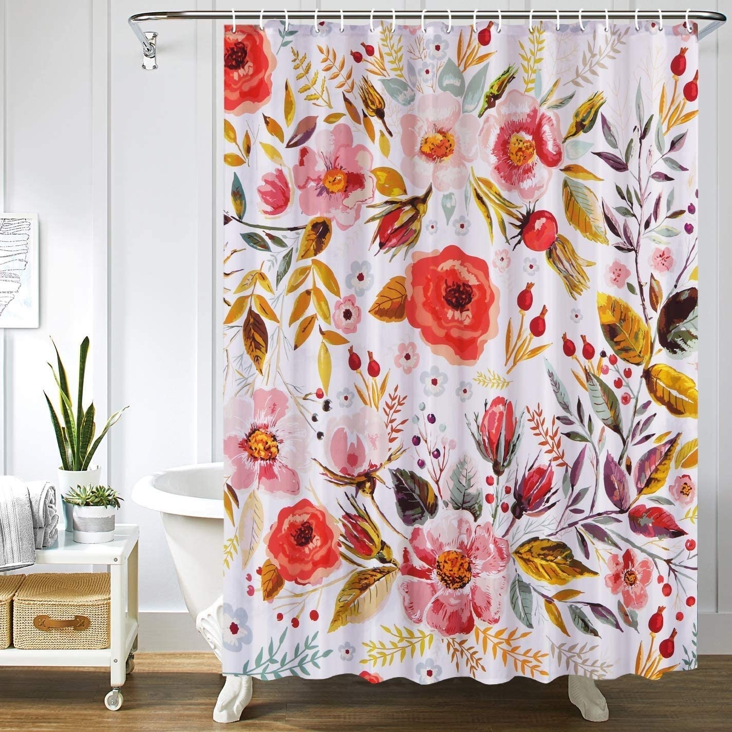 The shower curtain in front of a bathtub