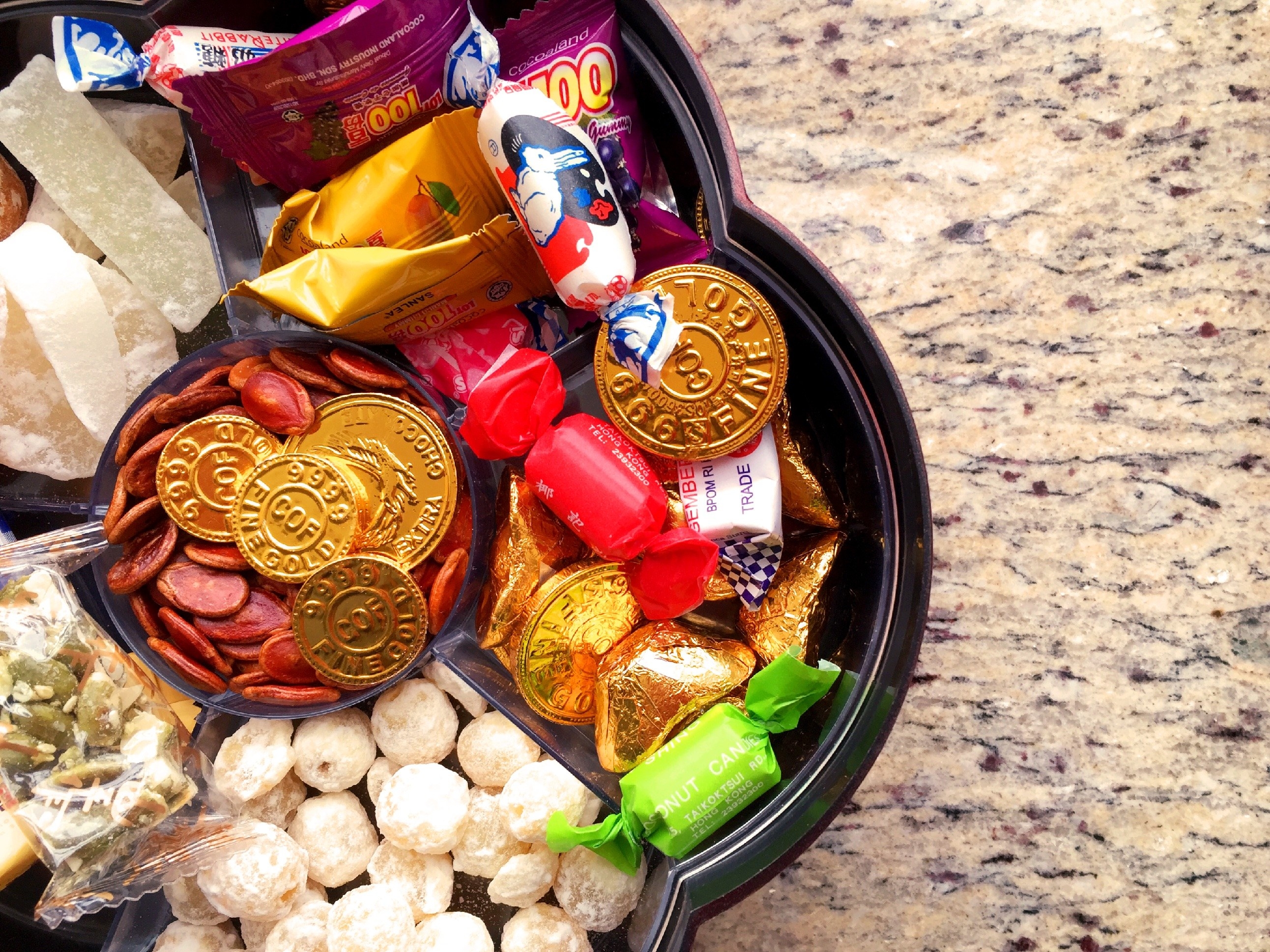 Closeup of a Tray of Togetherness that holds candy and other snacks