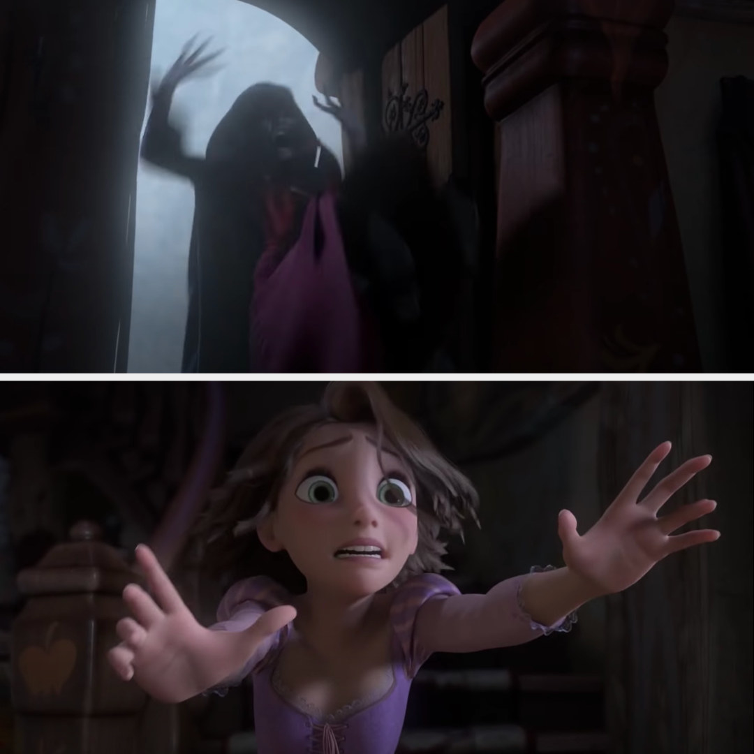 Rapunzel reaching for Gothel as she falls out the window