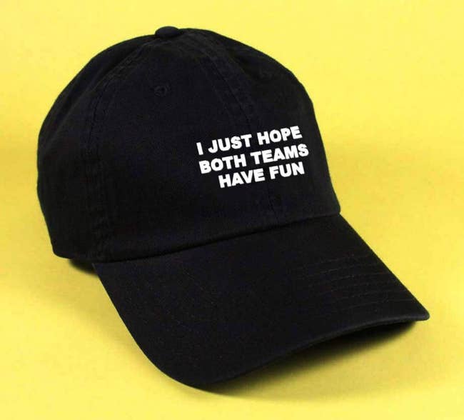 Black cap that says 