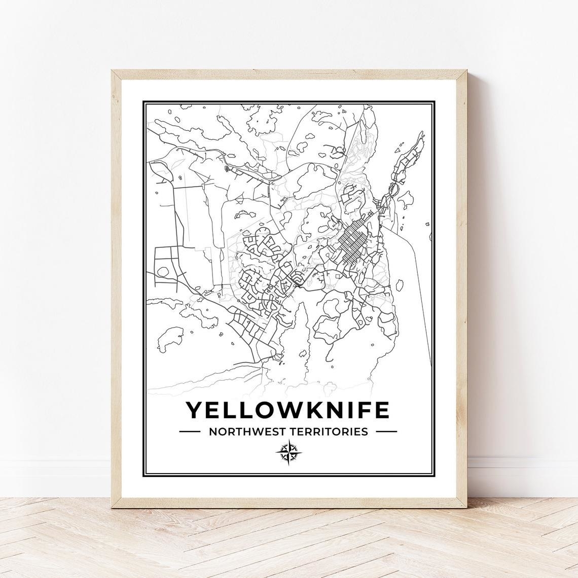 A line drawing map of Yellowknife, Northwest Territories