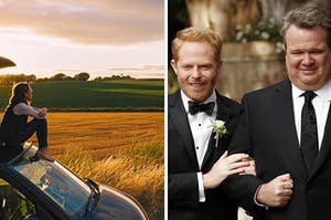 A girl sits on the hood of a car looking out into a field and Jesse Tyler Ferguson as Mitchell Pritchett and Eric Stonestreet as Cameron Tucker in the show "Modern Family."