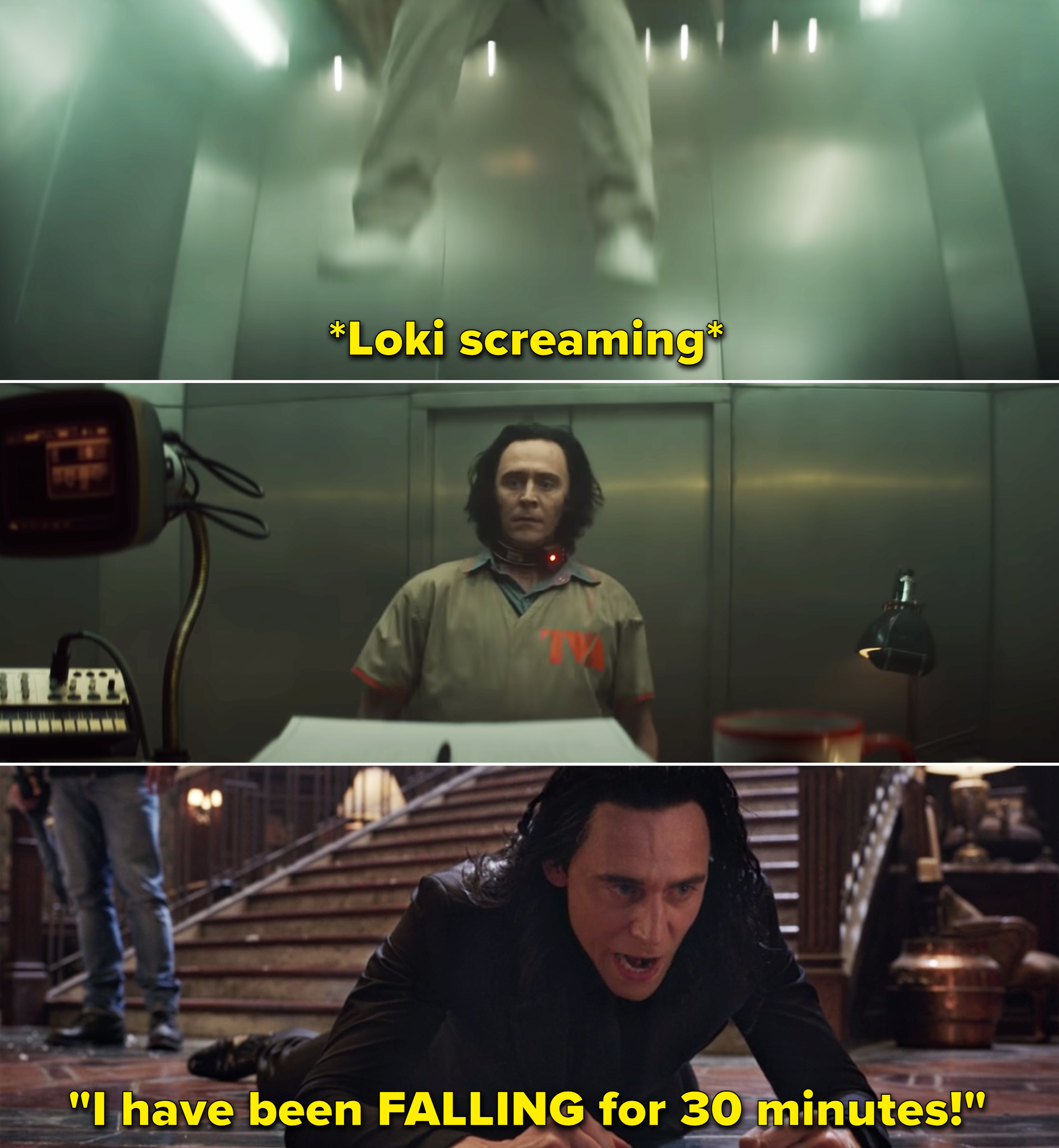 洛基screaming vs. Loki saying, "I have been falling for 30 minutes"