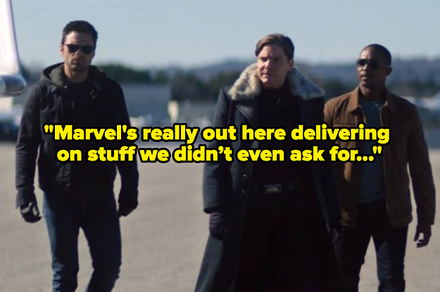 Bucky, Zemo, and Sam walking towards a private jet, looking cool, with text reading, "Marvel's really out here delivering on stuff we didn't even ask for"