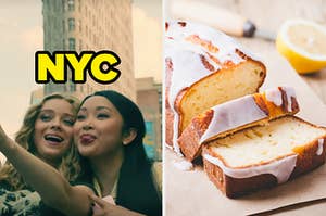Two teens are on the left taking a selfie labeled, "NYC" with sliced lemon pound cake on the right