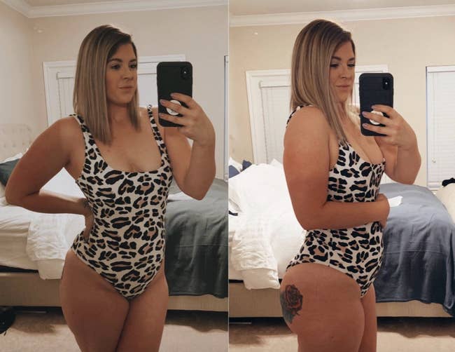 reviewer wearing the leopard print swimsuit
