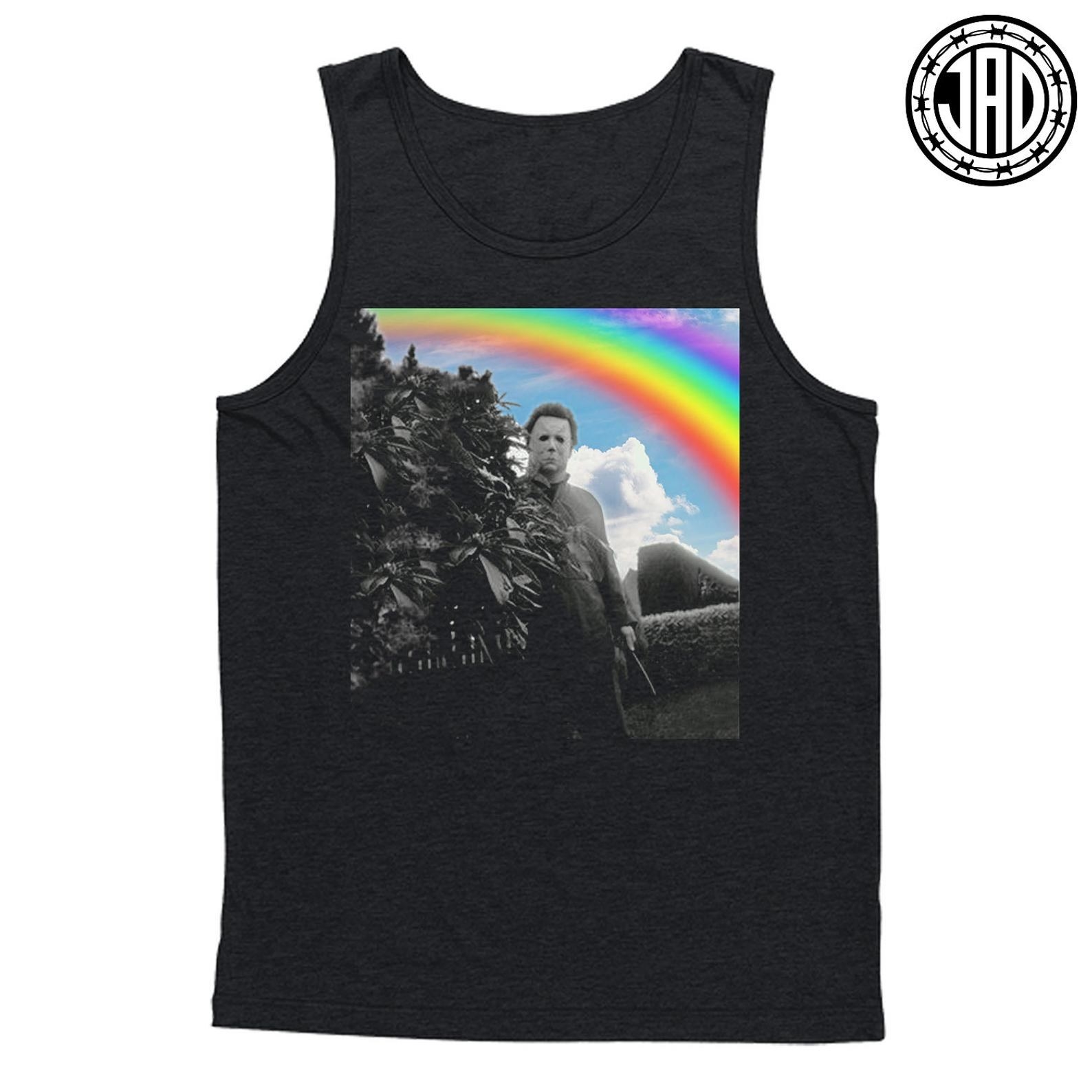 black tank top with Michael Myers from the Halloween movie hiding behind a bush with a rainbow in the background