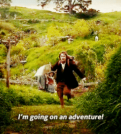 Bilbo Baggins saying &quot;I&#x27;m going on an adventure&quot; as he runs out of the shire 