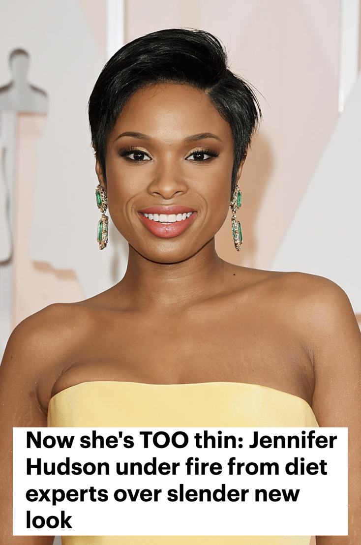 Jennifer Hudson smiling and the headline &quot;Now she&#x27;s TOO thin&quot;