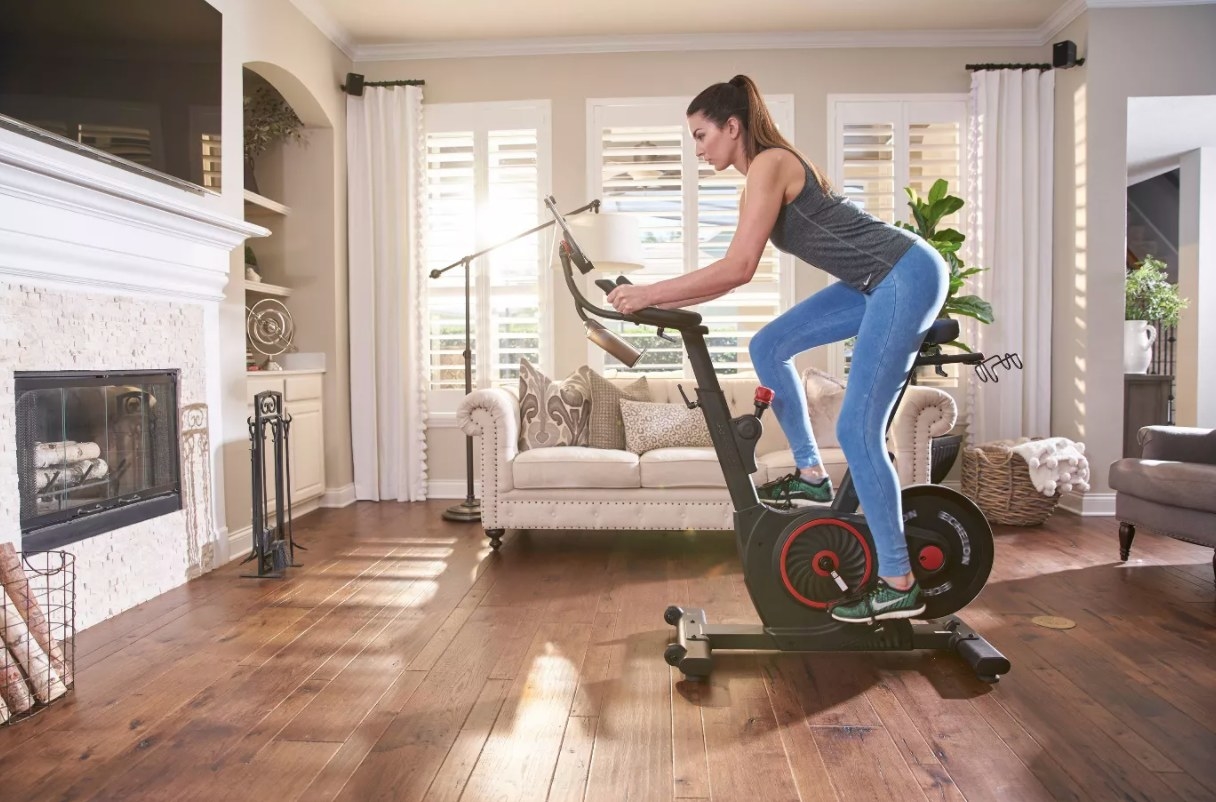 model on the workout bike