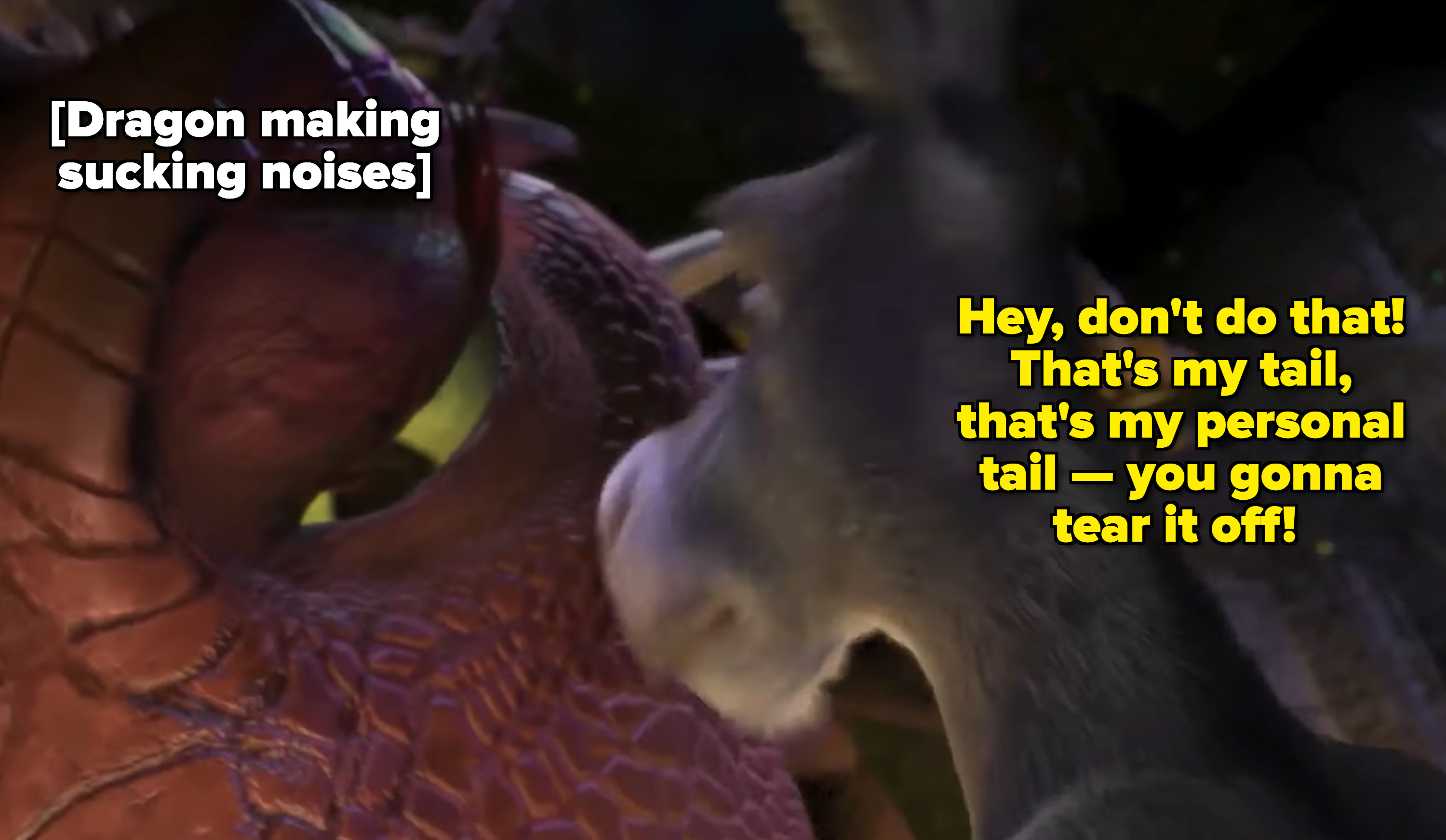 Donkey yelling at Dragon: &quot;Hey, don&#x27;t do that! That&#x27;s my tail, my personal tail -- you gonna tear it off!&quot;