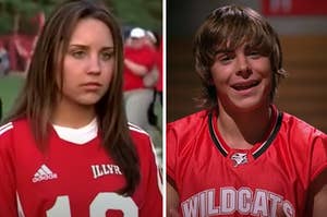 Amanda Bynes is on the left in a jersey with Troy Bolton on the right in a jersey
