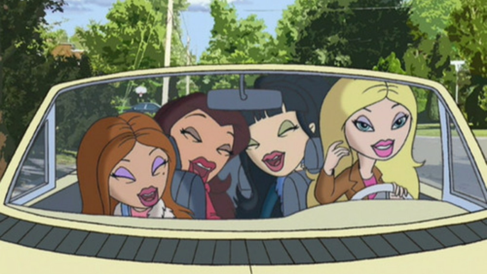 The Bratz driving down the street in their convertible with smiles on their faces
