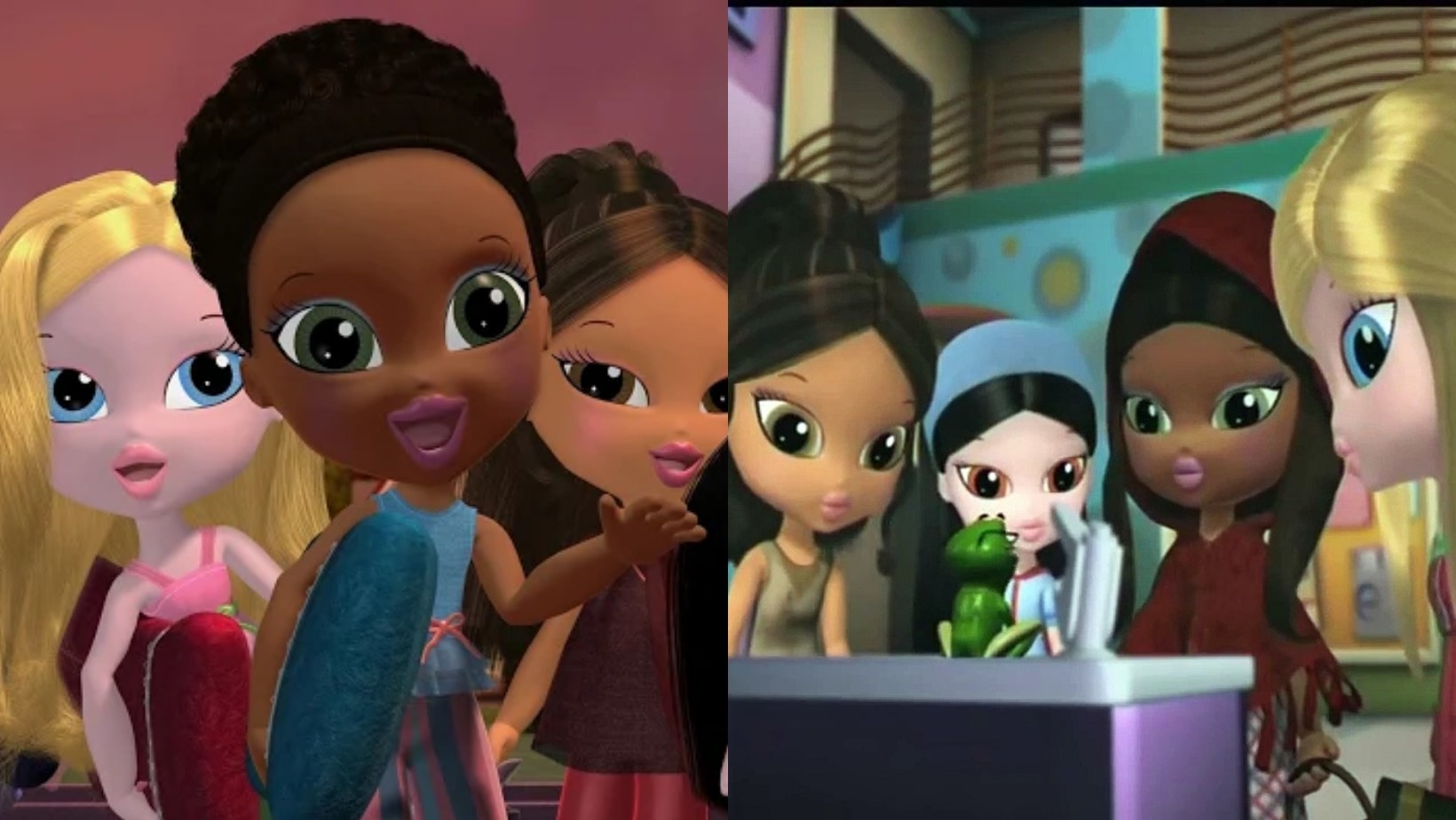 On the left, Cloe, Sasha, and Yasmine as kids, and on the right, Yasmine, Jade, Sasha, and Cloe look at a frog on a table
