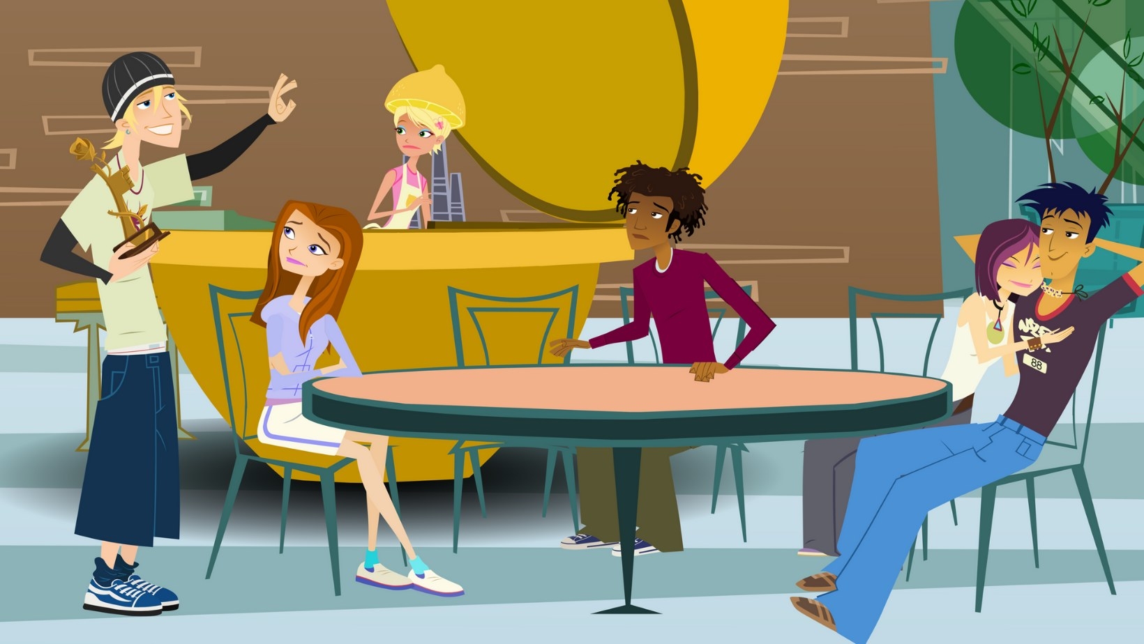 Jude, Caitlin, Wyatt, Nikki, and Jonesy sit and stand around a table at the mall as Jen works at a lemonade stand in the back