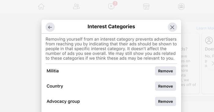 Screenshot of a Facebook interest category page showing "militia" as an interest category