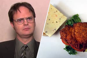 Dwight  Schrute is on the left with his head tilted with a chicken sandwich on the right