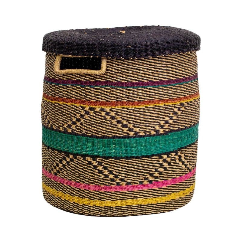 lidded cylindrical basket with a geometric natural, black, teal, pink, purple, and yellow stripe pattern