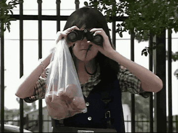 A gif of Amanda Bynes from the Amanda Show peering through binoculars and nodding