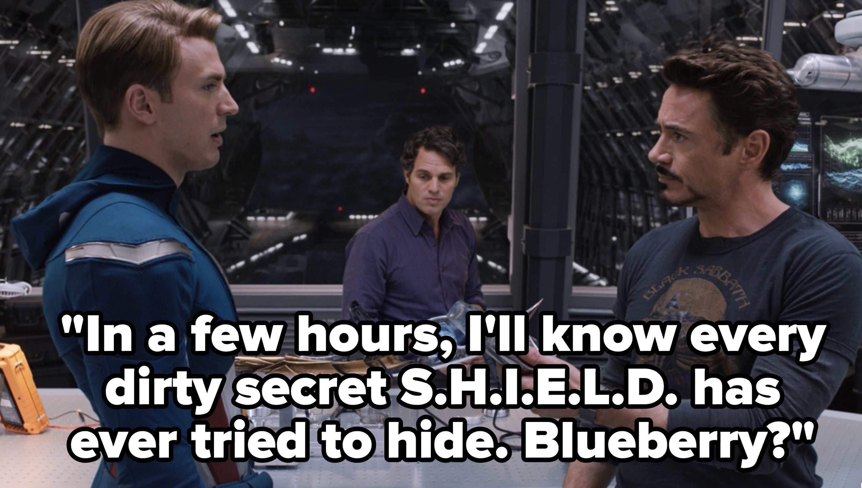 Tony says &quot;In a few hours, I&#x27;ll know every dirty secret S.H.I.E.L.D. has ever tried to hide. Blueberry?&quot; to Steve
