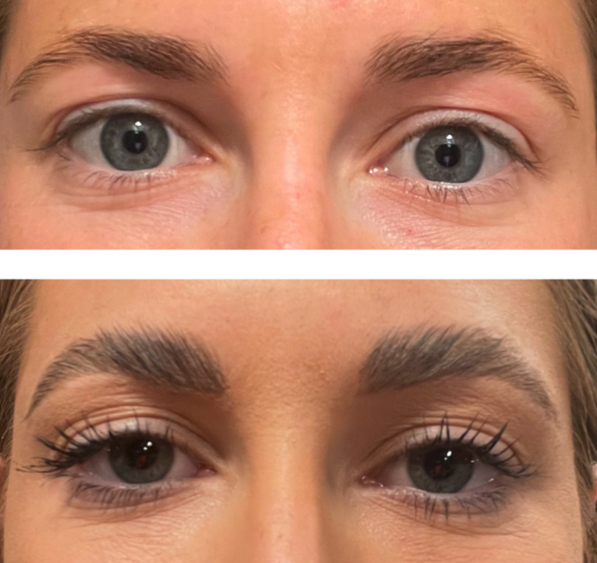 before/after of reviewer&#x27;s eyebrows with after photo showing fluffy looking layered eyebrows