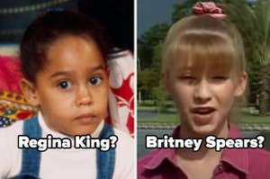 toddler labeled "Regina King?" and young girl labeled "Britney Spears?"