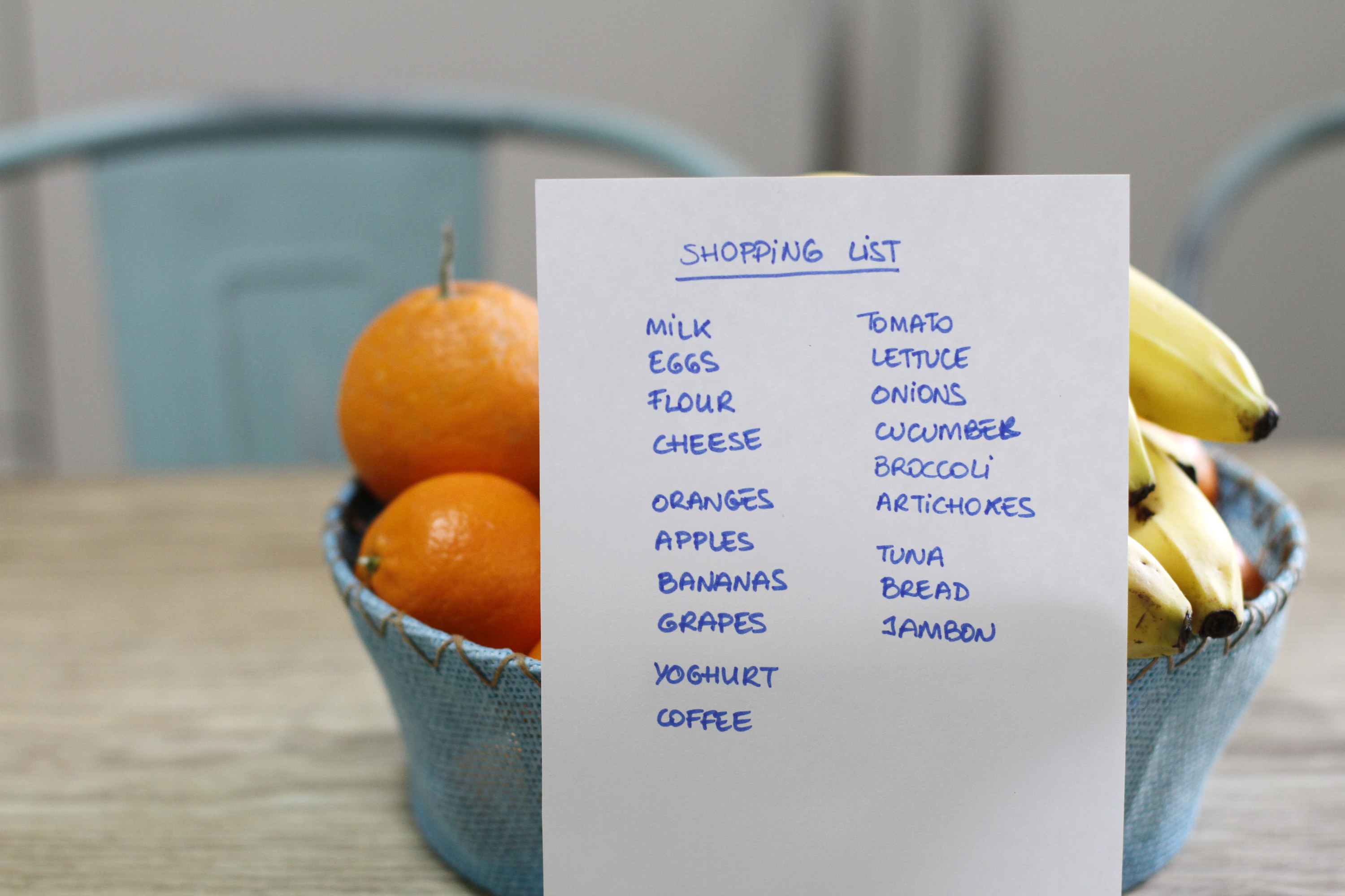 Grocery shopping list written out on a piece of paper in front of a bowl of oranges and bananas