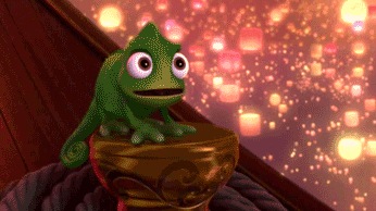a gif of pascal from tangled blushing and covering his eyes