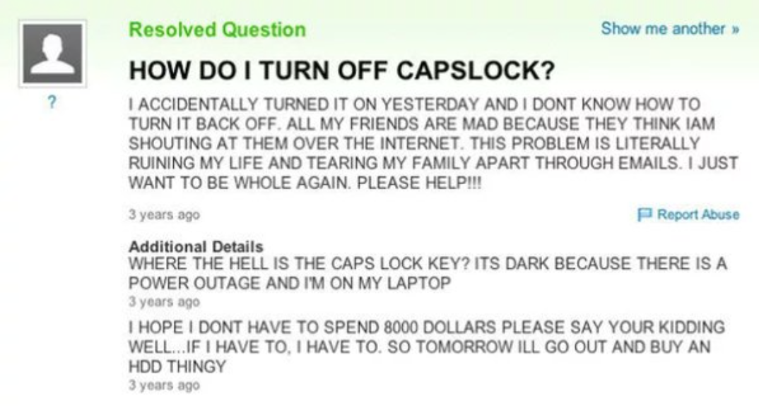 A post all in capital letters that asks how to turn caps lock off